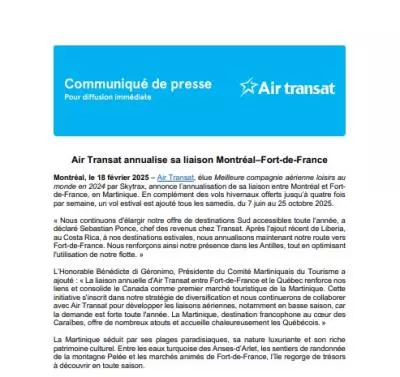 communiqué de presse air transat